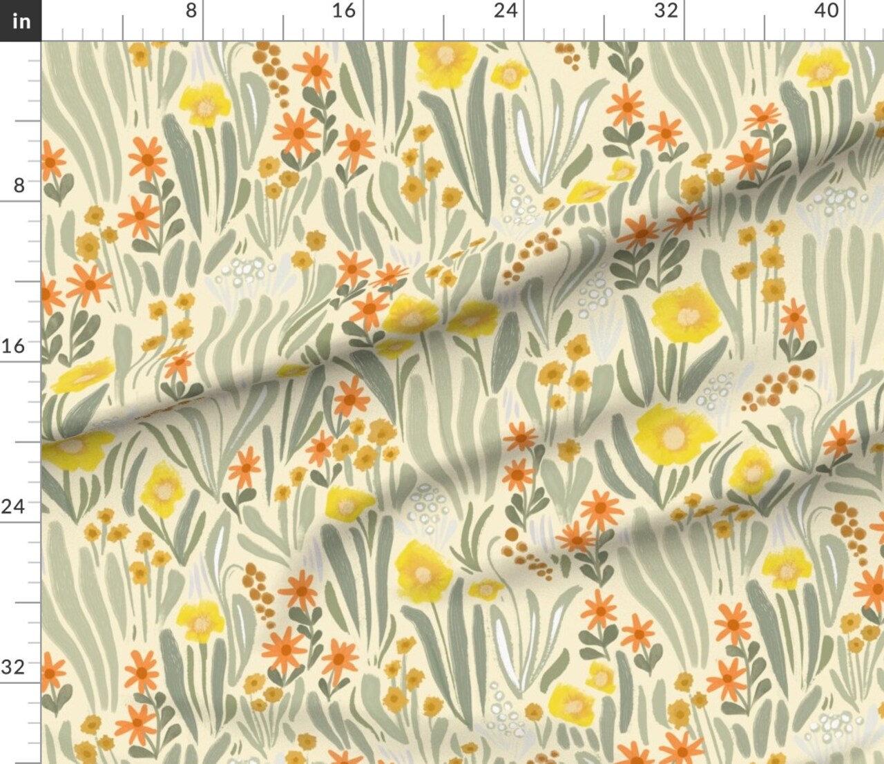 Art Nouveau Garden Sage Green Yellow Abstract Flowers Large Scale Botanical Garden Custom Printed Fabric by Spoonflower Various Fabrics by the Yard or Fat Quarter